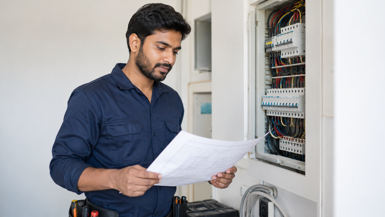 SA Enterprises technician reviewing electrical plans near a distribution board